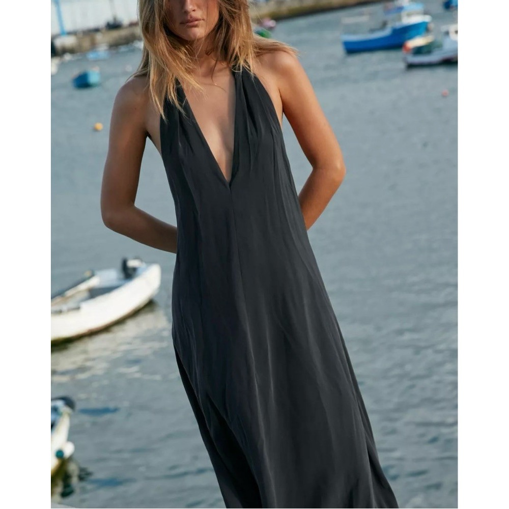 Zara Faded Black Halter Neck Midi Maxi Dress VNeck Minimalist Capsule Wardrobe M